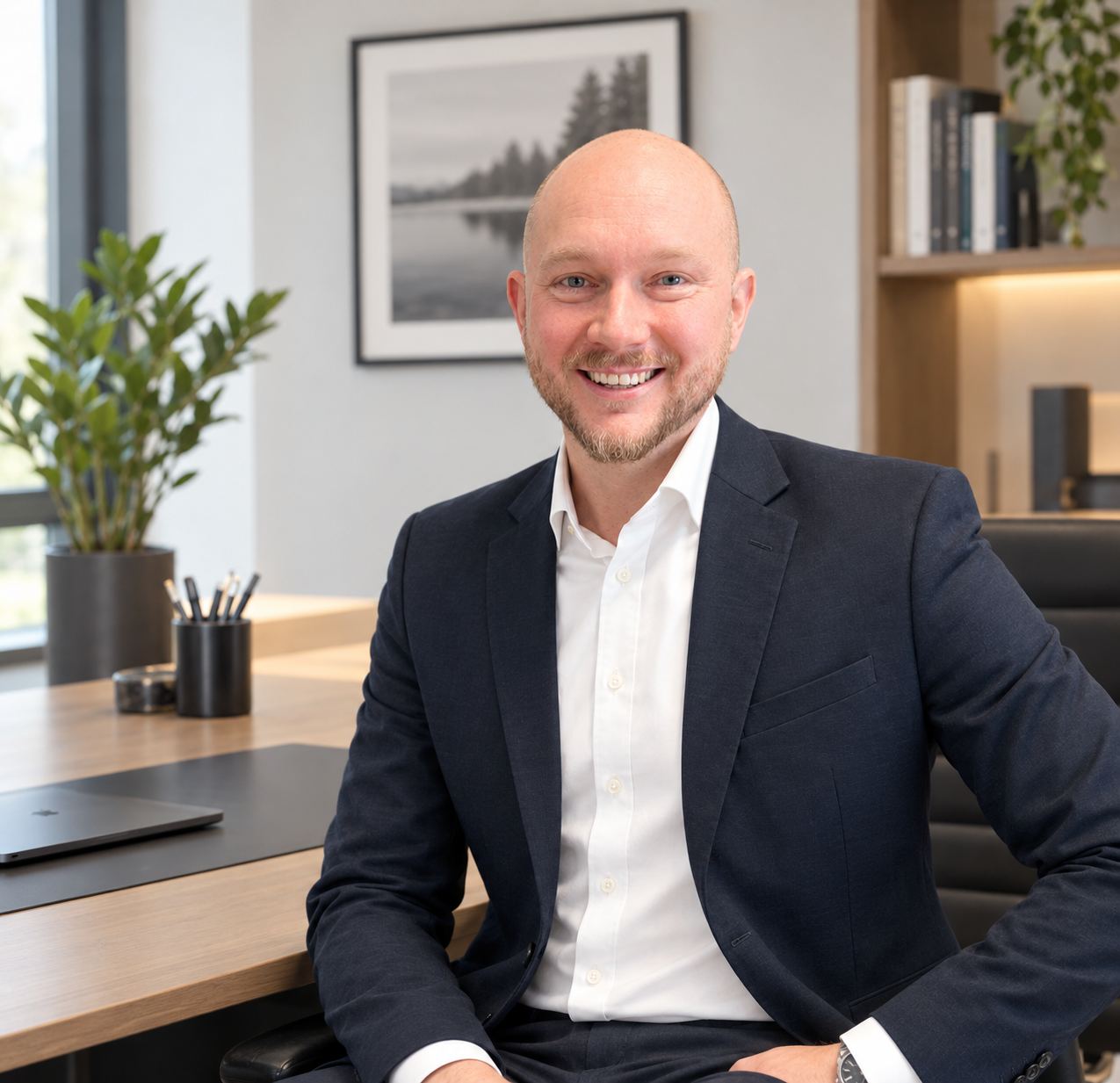 Eduard Schmal sitzend an seinem Schreibtisch